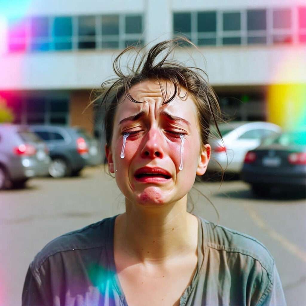 Mom crying in OHSU parking lot with sad flour bag