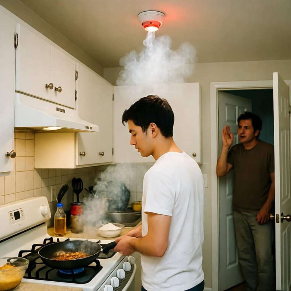 Smoke alarm screaming, neighbor knocking, pakora fail