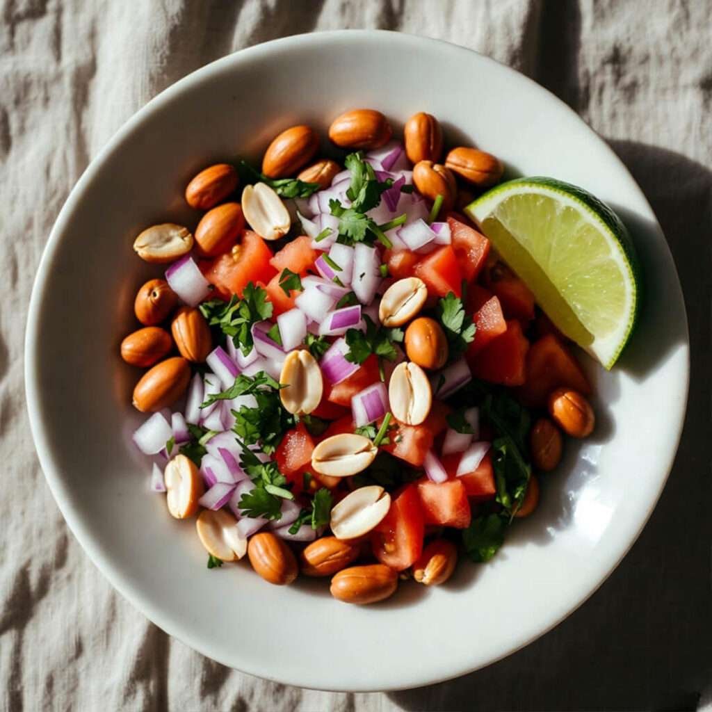 Peanut chaat ingredients with lime, ready to mix