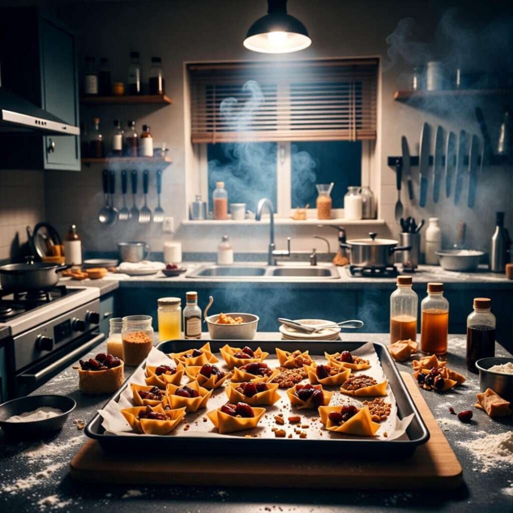 Smoky 3 a.m. kitchen with charred wonton bhakarwadi disaster.