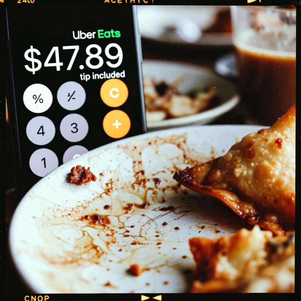 Messy plate, half-eaten samosa, $47 Uber Eats regret