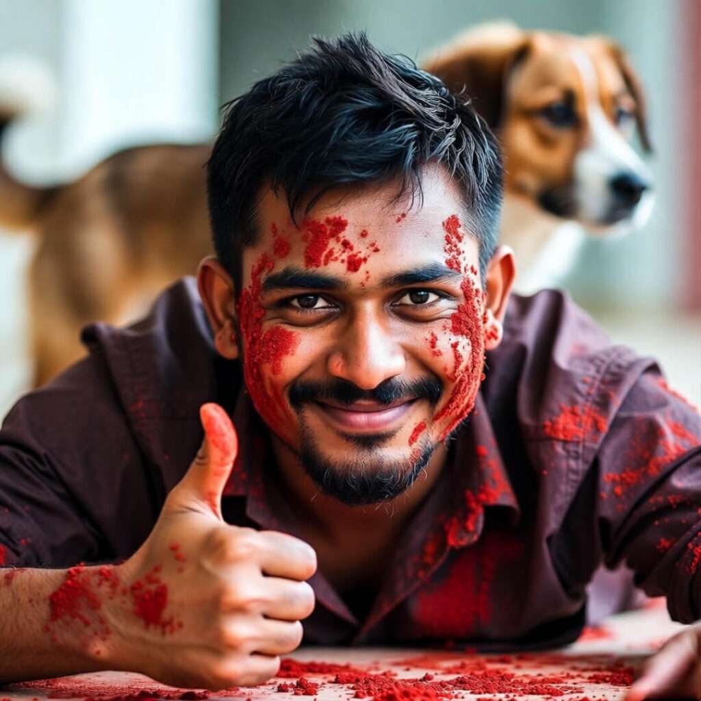 Me covered in dabeli masala, thumbs-up, dog judging.