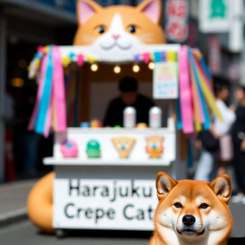 Drunk blur of cat crepe stall, judging Shiba