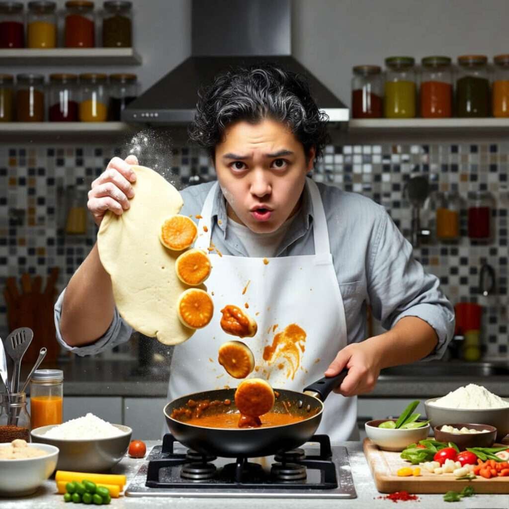 Ripped roti pieces falling into curry, chaotic win.