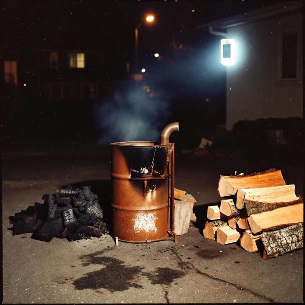 Sketchy midnight charcoal grill with Ring camera watching