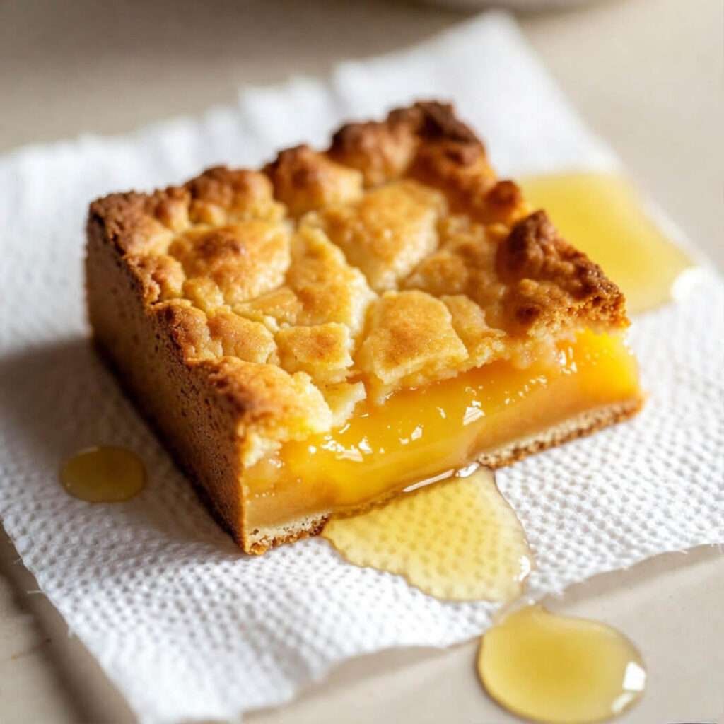 Collapsing lemon bar with juice pooling on paper towel.