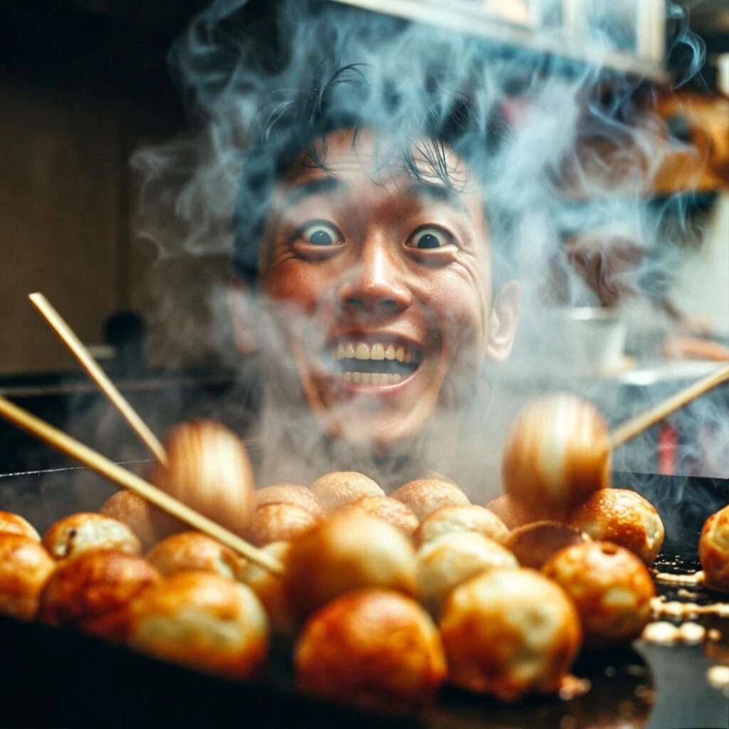 Steamy takoyaki griddle, my deranged reflection in metal