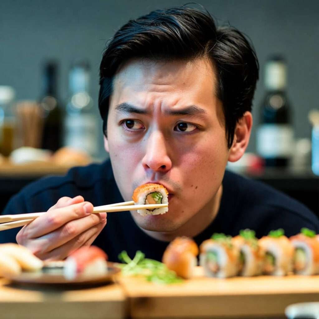 Nervous guy awkwardly chewing $180 sushi, sweating.