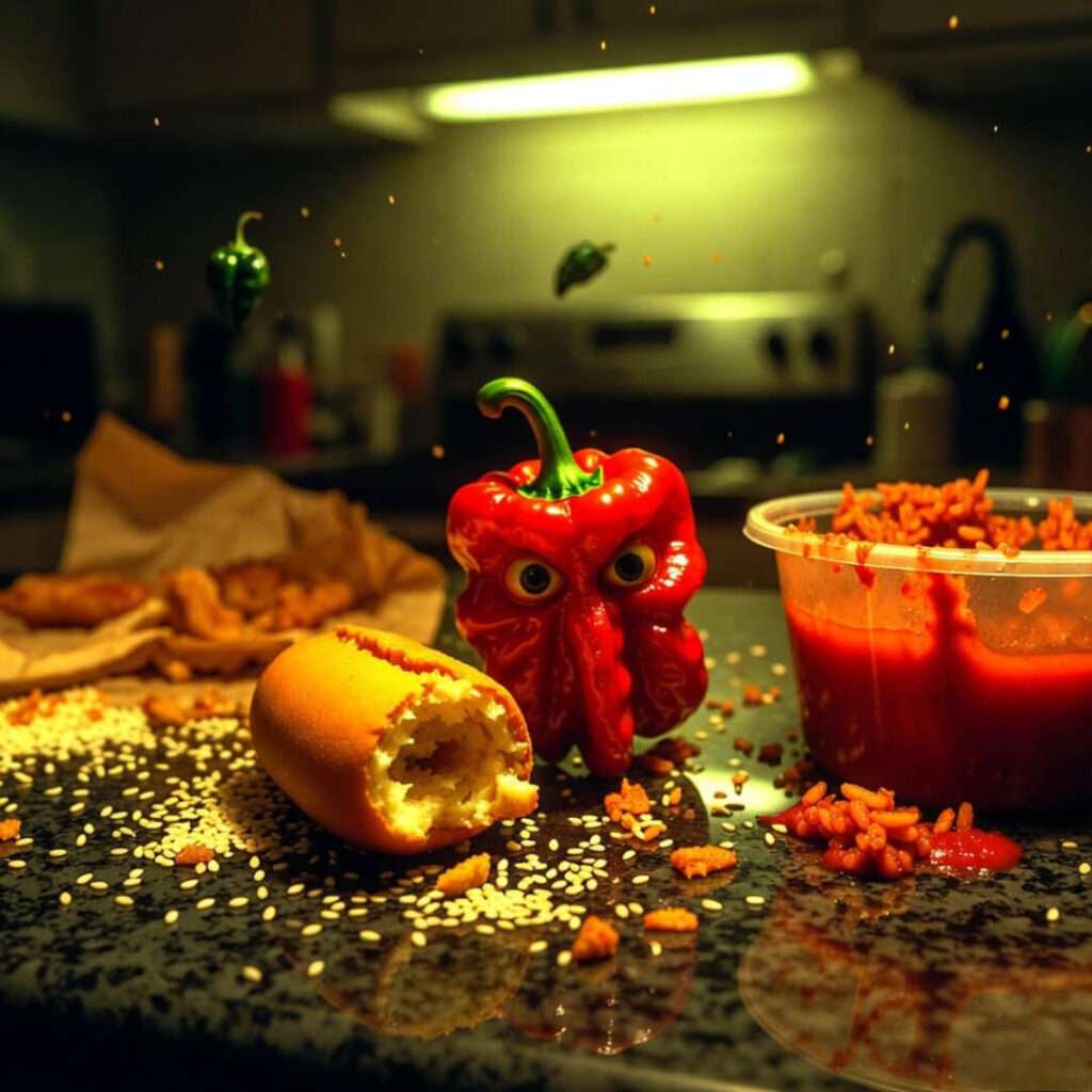 Kitchen counter apocalypse with judgmental scotch bonnet staring.