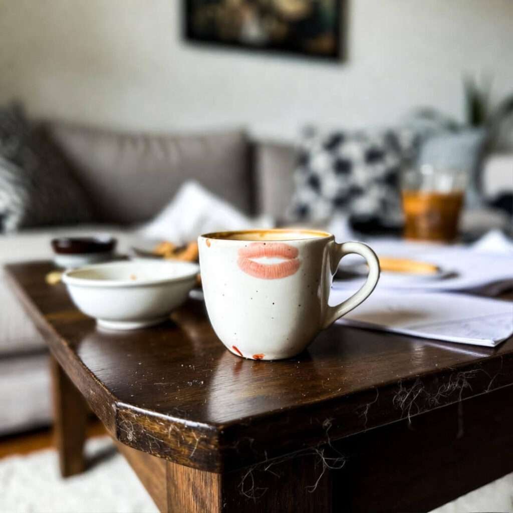 Messy real-life coffee table, lipstick mug and cat hair.