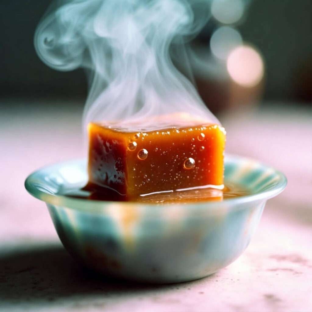 Dripping caramel bar steaming in Pyrex.