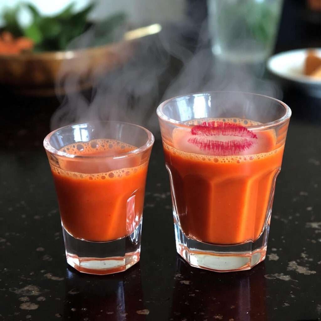 Blurry tomato soup shots in tequila glasses, lipstick kiss.
