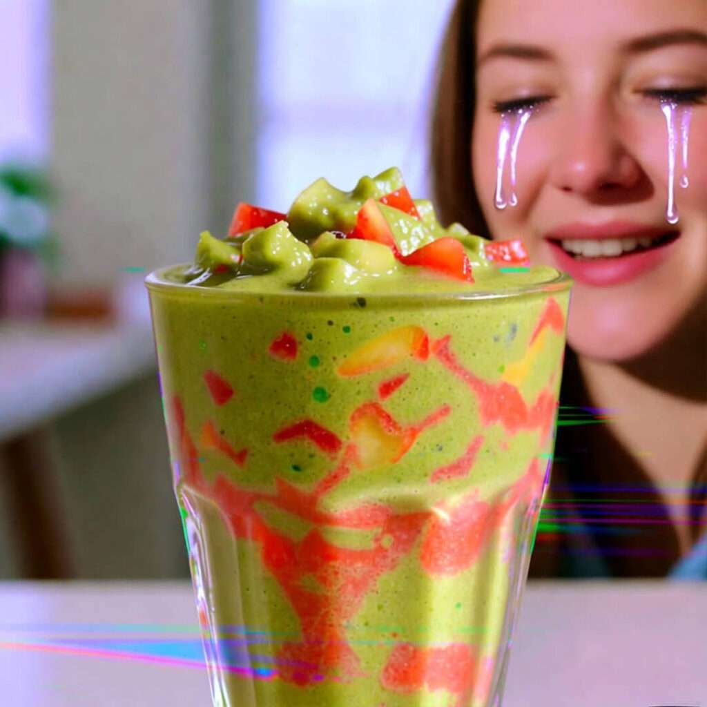 Blood-red beet smoothie, person crying happy tears