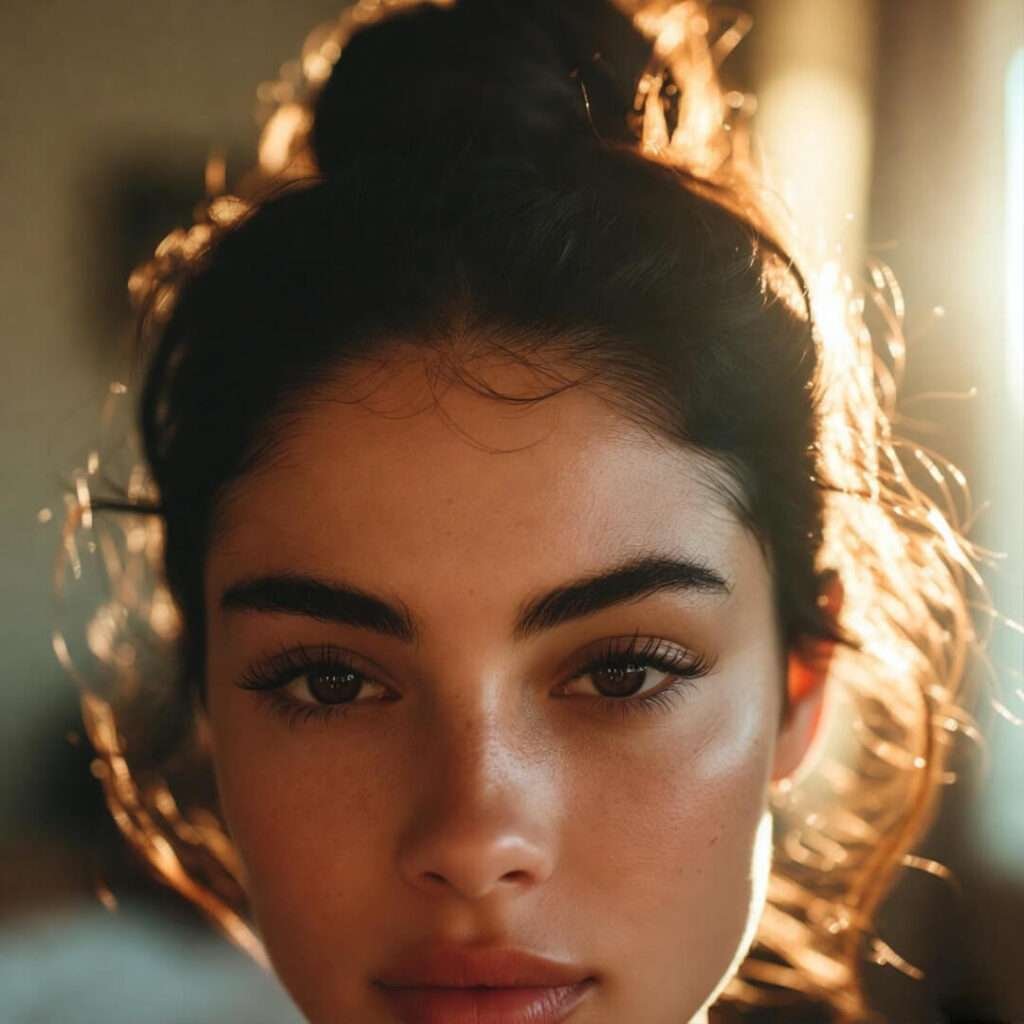 Messy bun morning selfie, golden light, wellness chaos