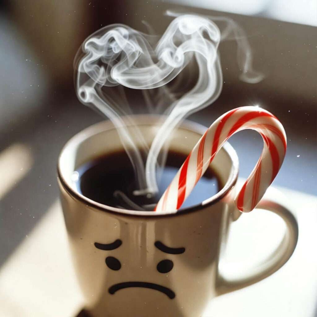 Sad candy cane escaping mug, wonky heart steam