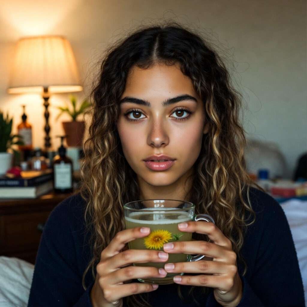 Tired girl with dandelion tea: "I'm not your mom."