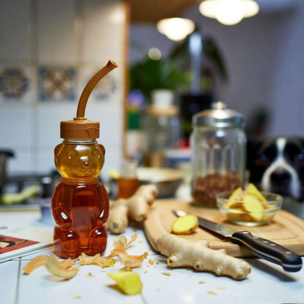 Messy counter, upside-down honey bear, dog judging