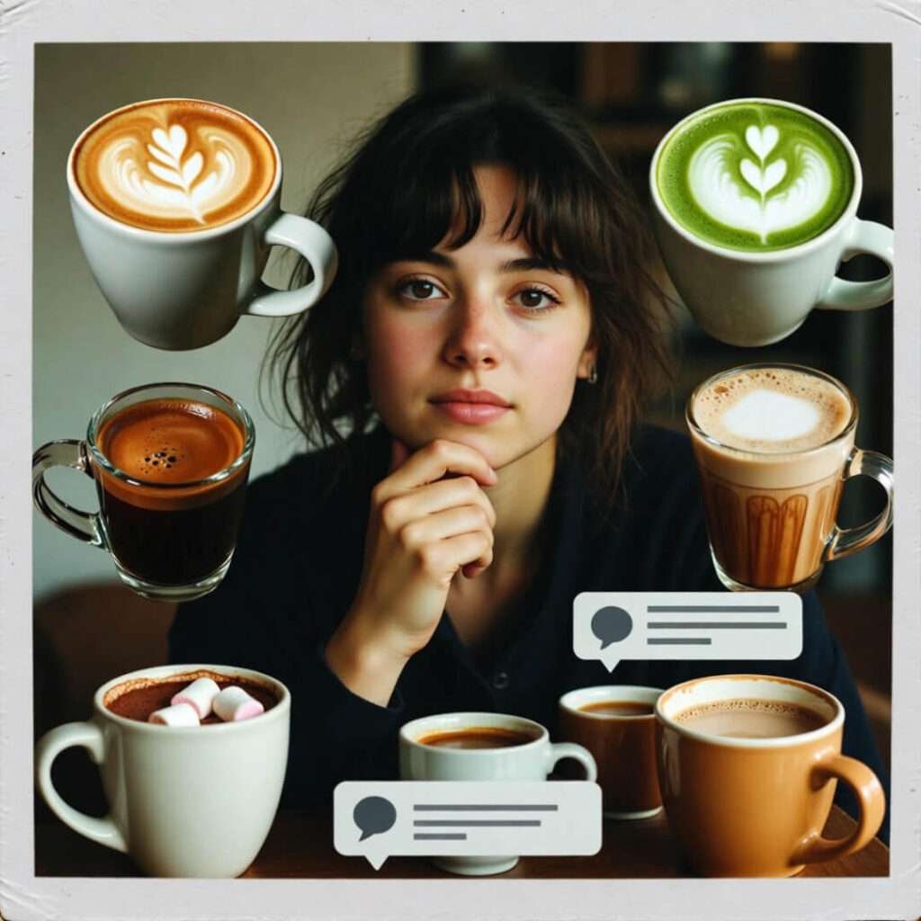 Person surrounded by global hot drinks, comment box ready