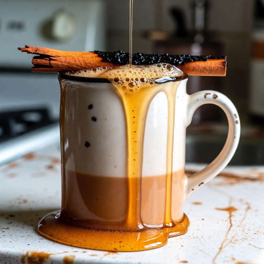 Messy mug drowning in honey with burnt cinnamon stick