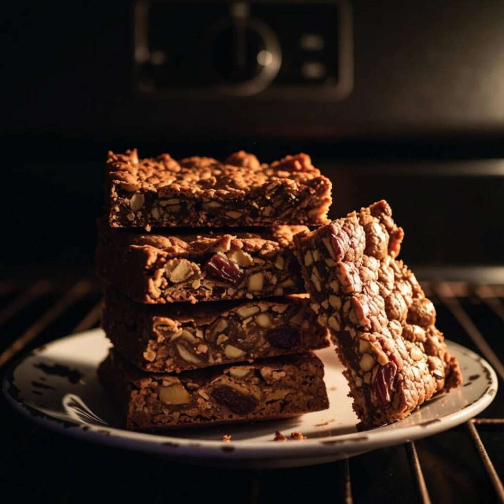 Wonky date bars stack sliding on chipped plate.