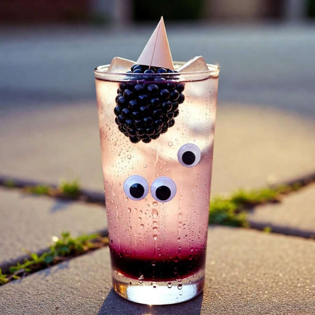 Googly-eyed blackberry mocktail melting in Texas sun