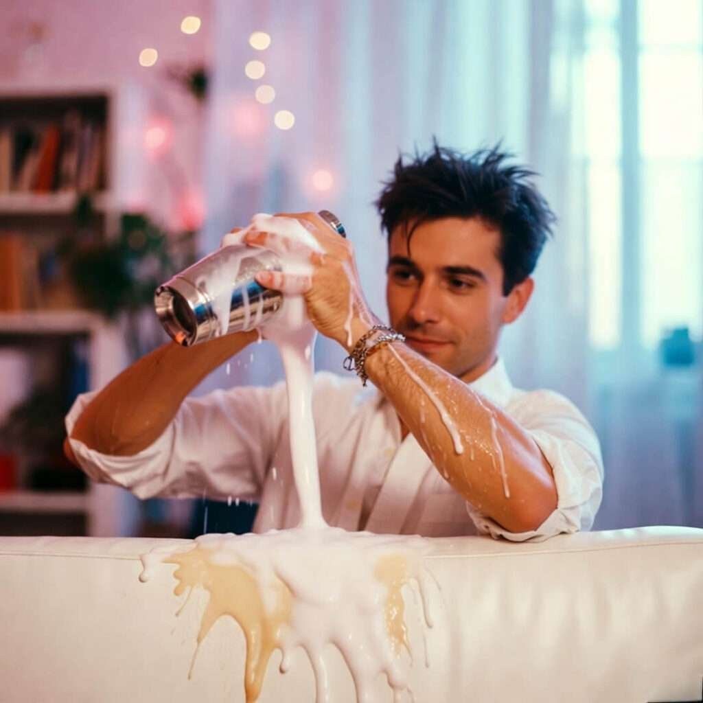 Mocktail foam exploding everywhere onto white couch