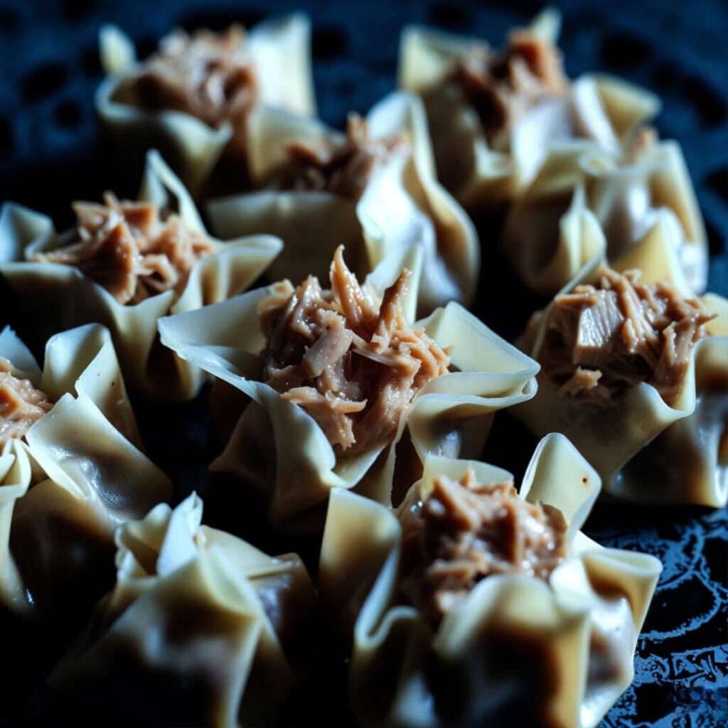 Tuna dumplings, low noir angle.