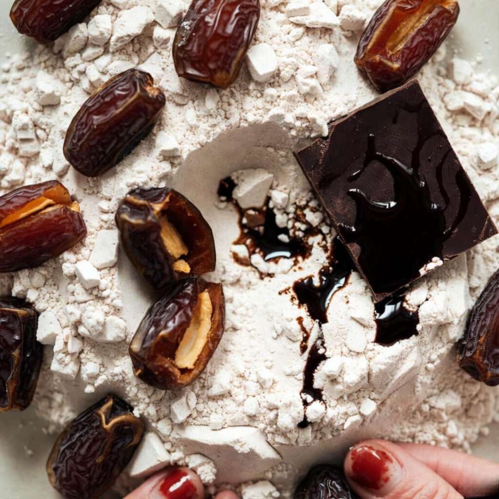 Almond flour mess with dates, cacao, red nails.