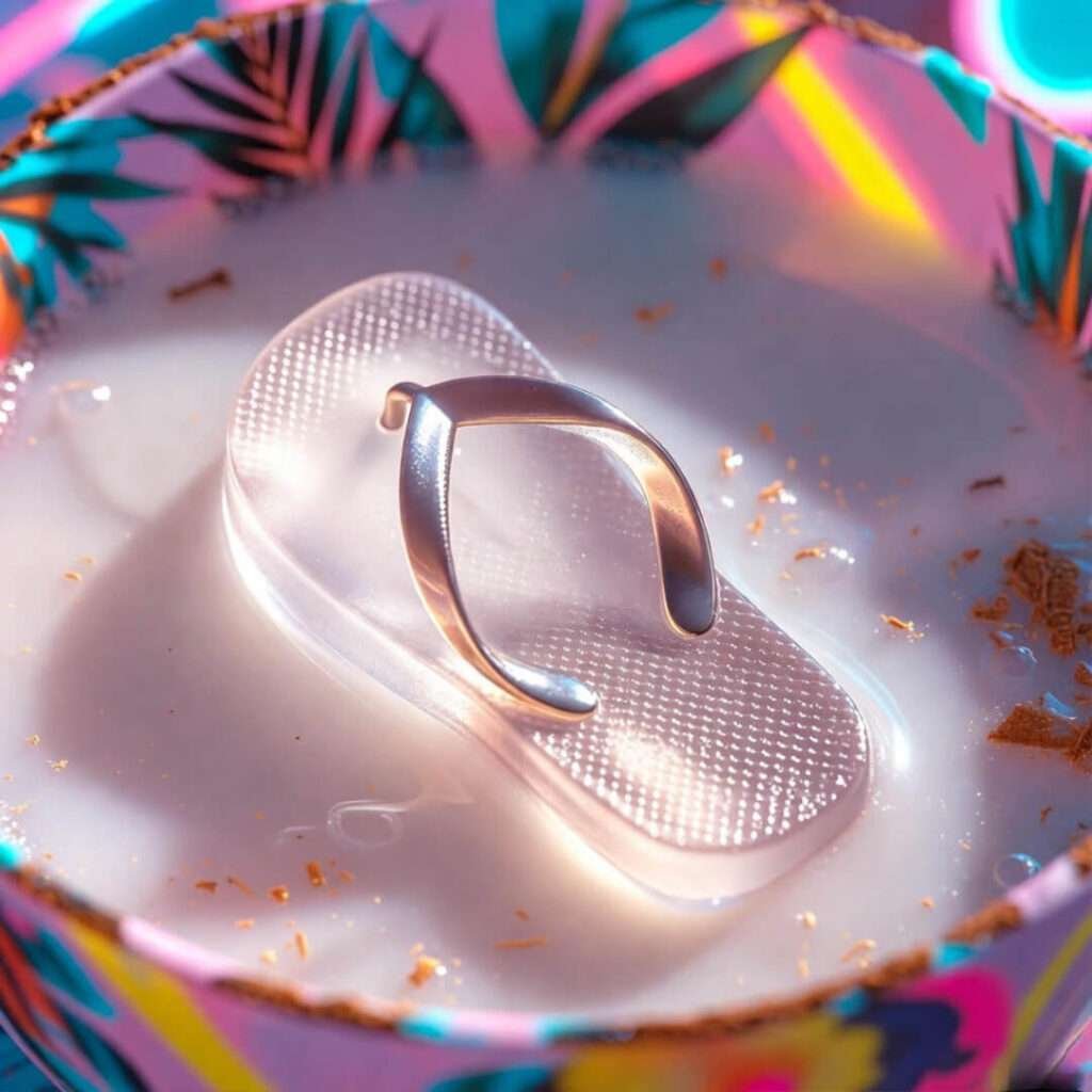 Sad melted flip-flop ice cube floating in coconut water.