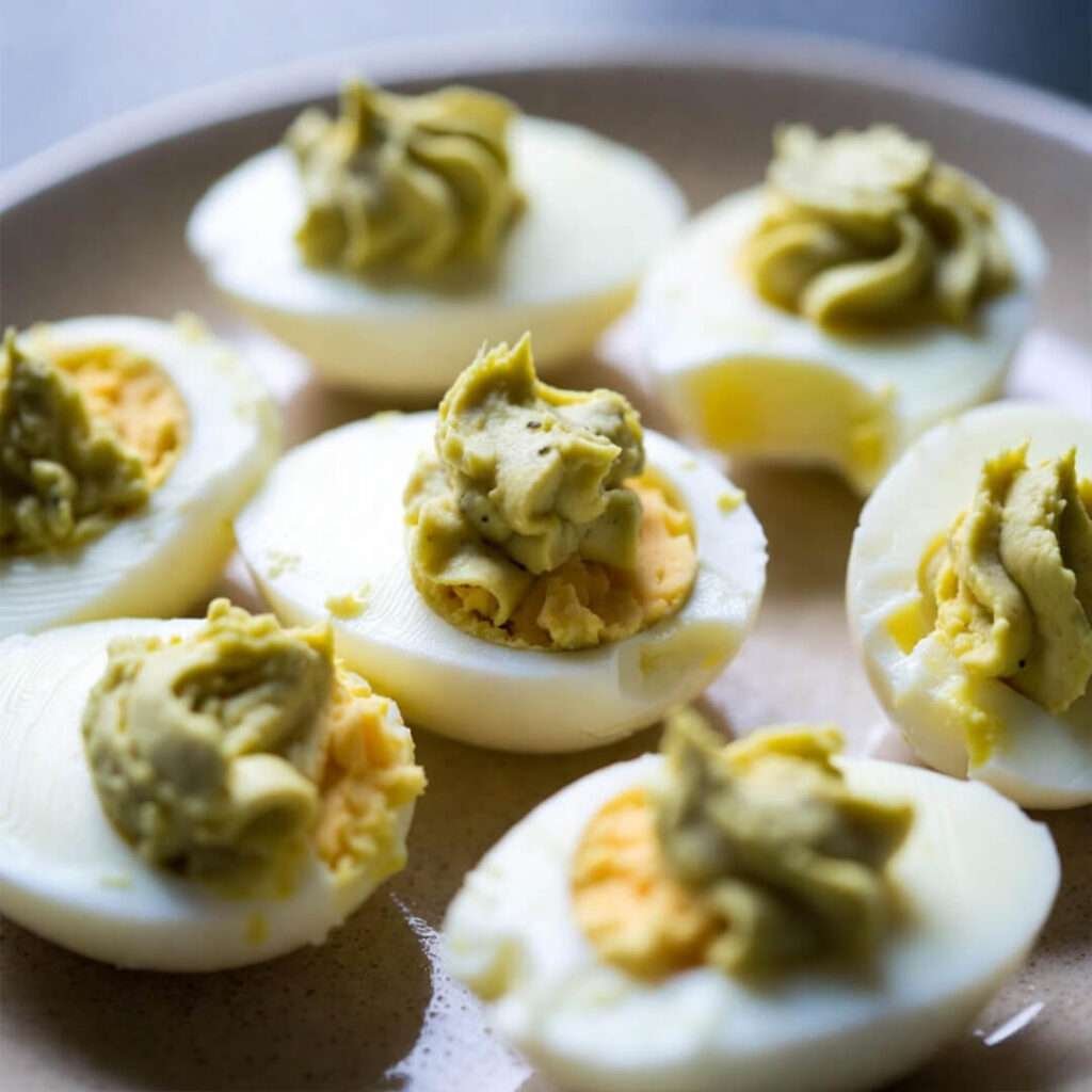 Wobbly, half-eaten deviled eggs close-up