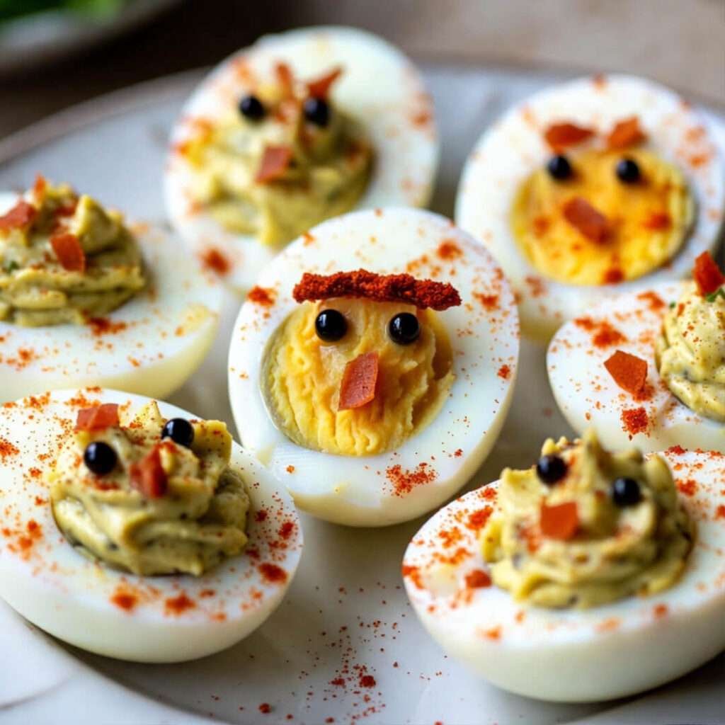 Judgy deviled eggs, one rocking a unibrow