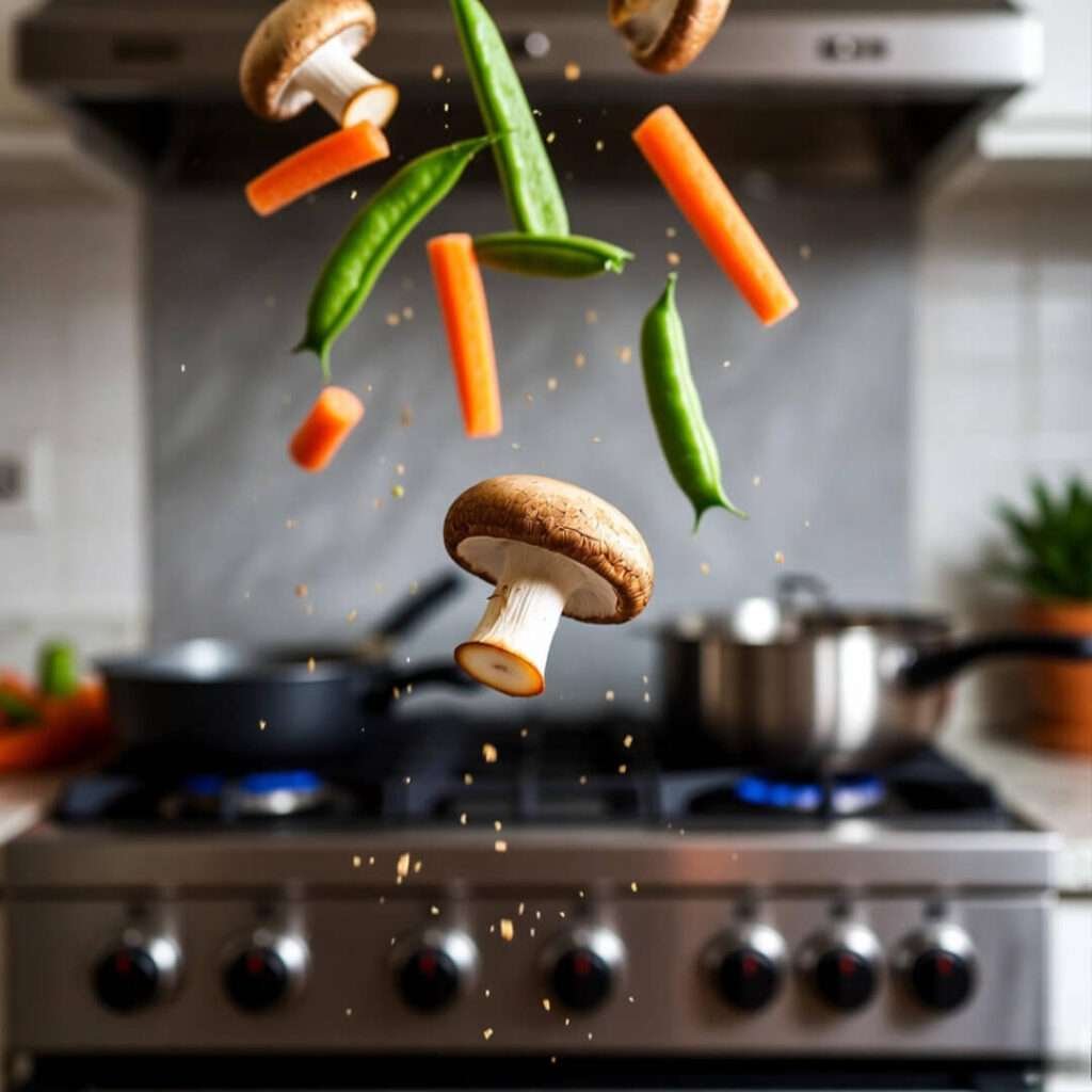 Veggies mid-air, rogue mushroom flying.