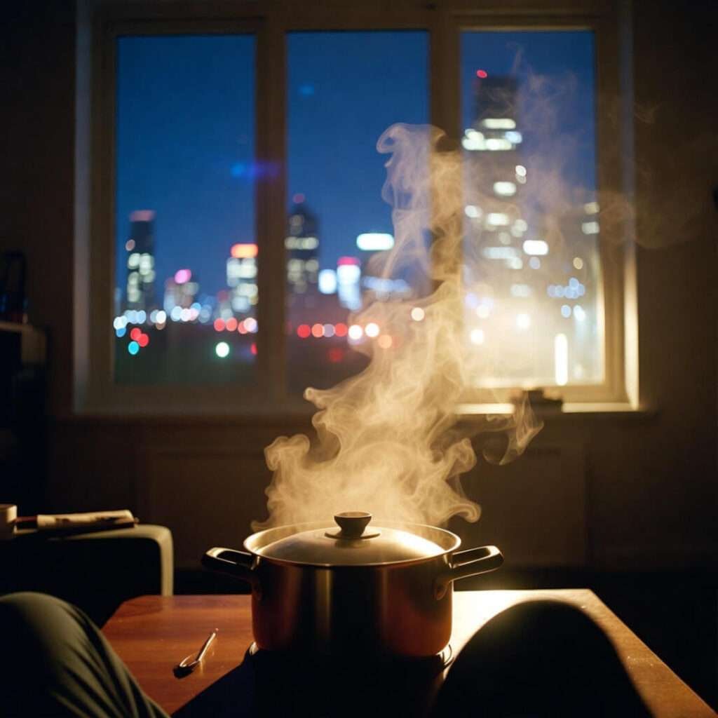 Cozy Brooklyn night, steaming pot glow