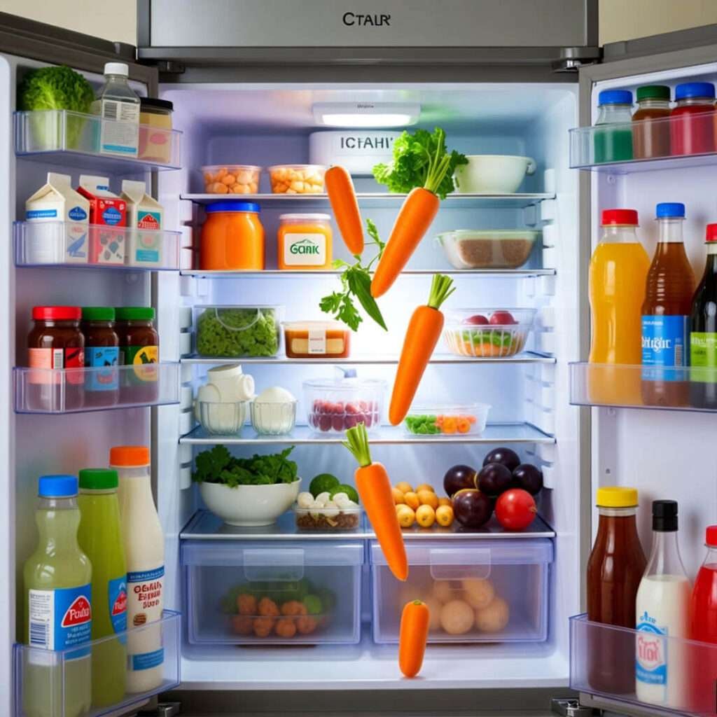 Open fridge, carrots tumbling out.