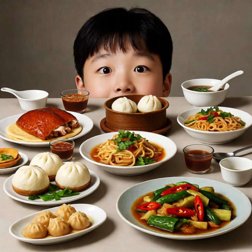 Kid peeks at Chinese feast.