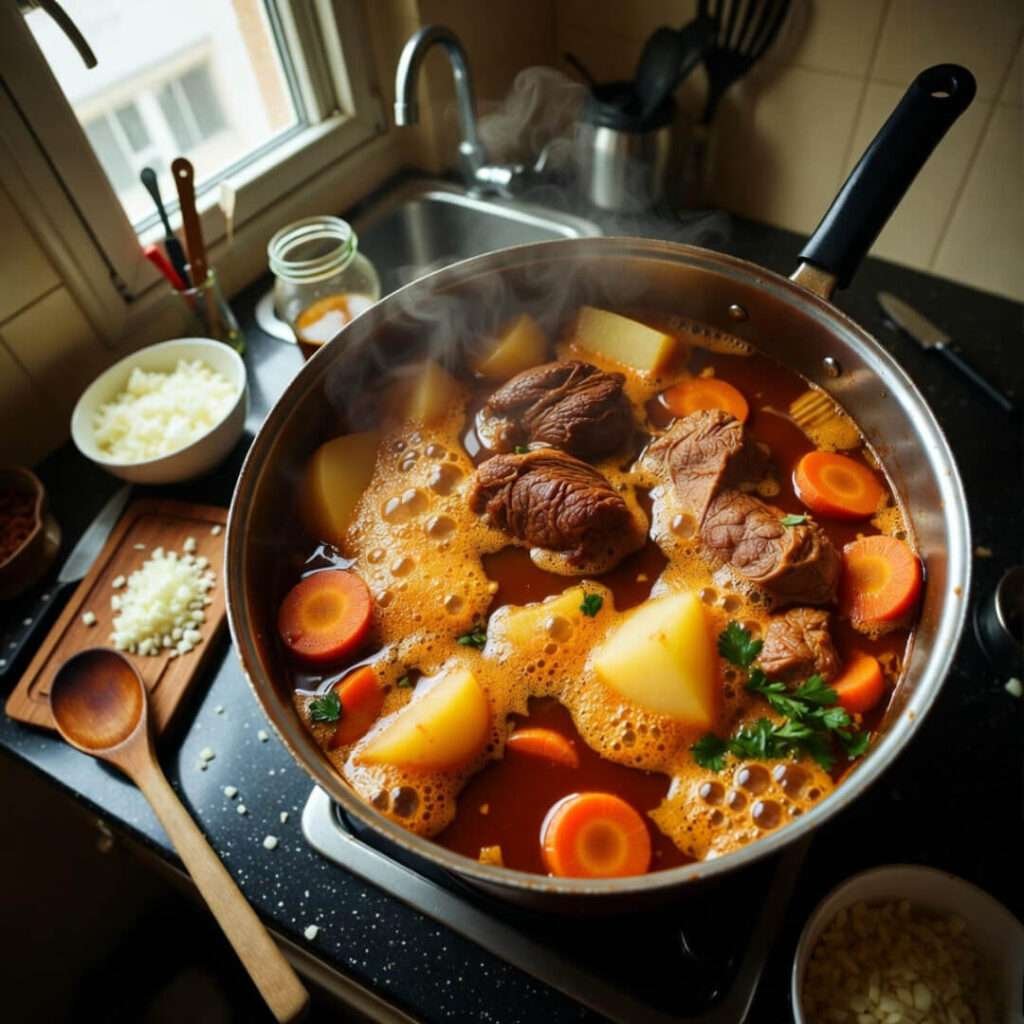 Bubbling dish from lazy overhead angle.