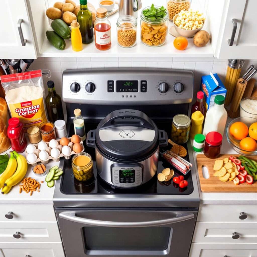 Cluttered counter, onion escaping Instant Pot.
