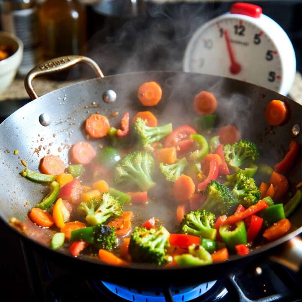 Sizzling wok veggies from below.