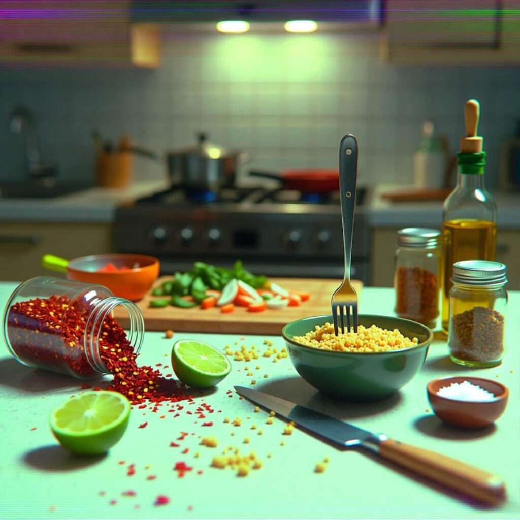 Chili flakes spill, lime rolls, fork in couscous.