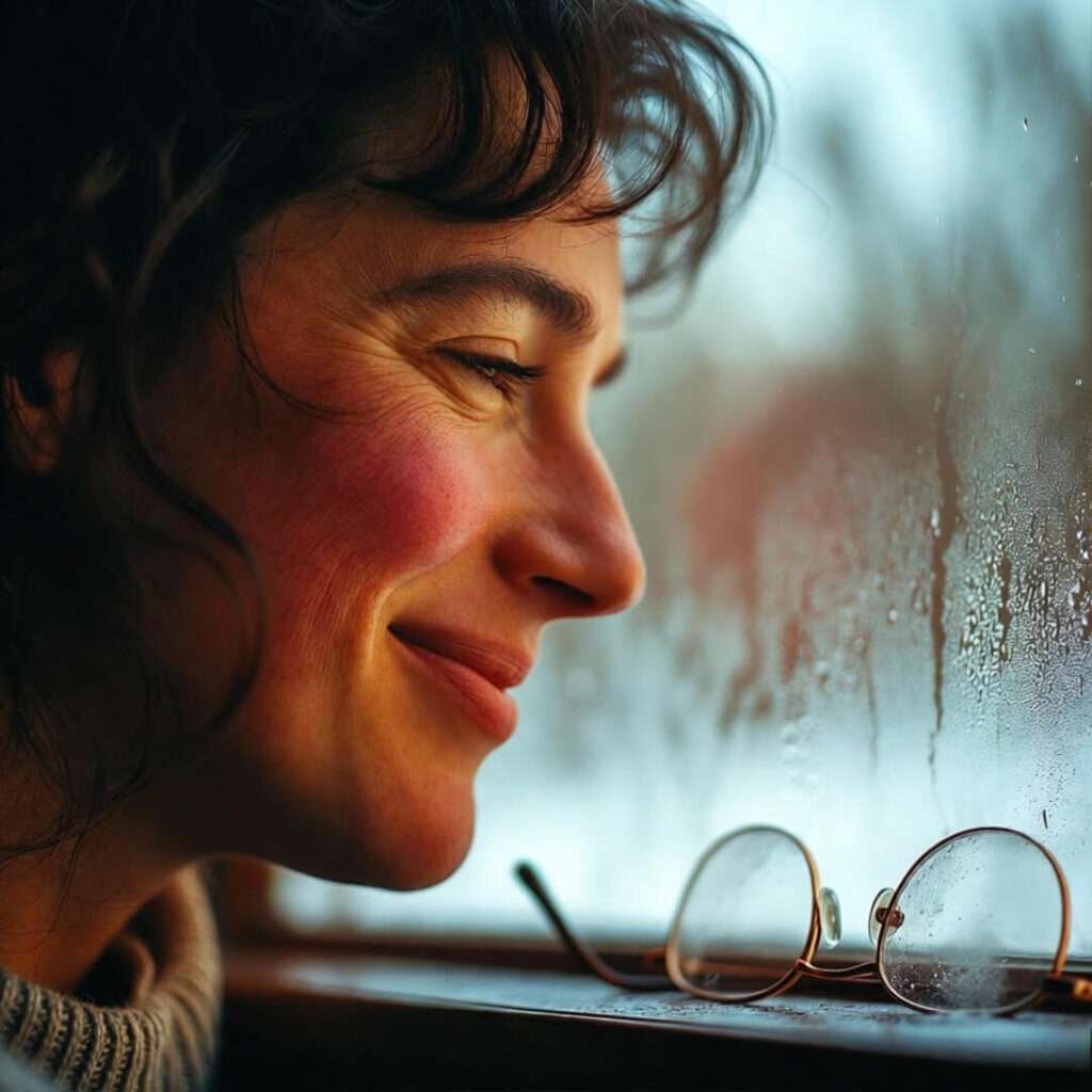 Foggy glasses by warm winter window.