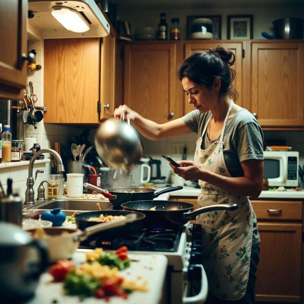 Messy one-pot cook with phone blur.