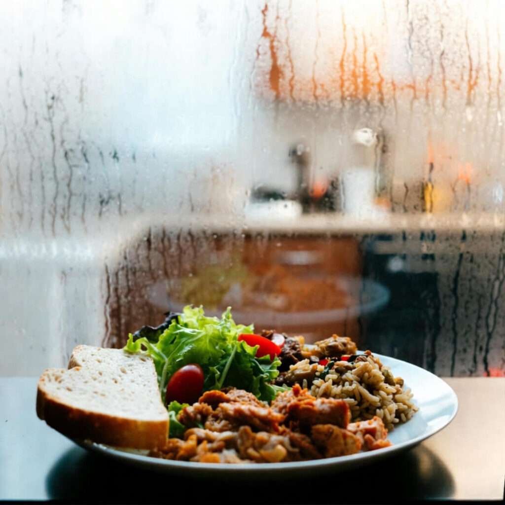 Uneven plate through foggy window.