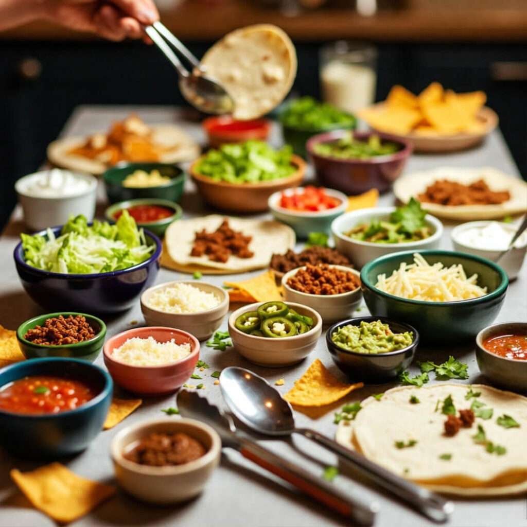 Messy tacos overflowing hungrily.