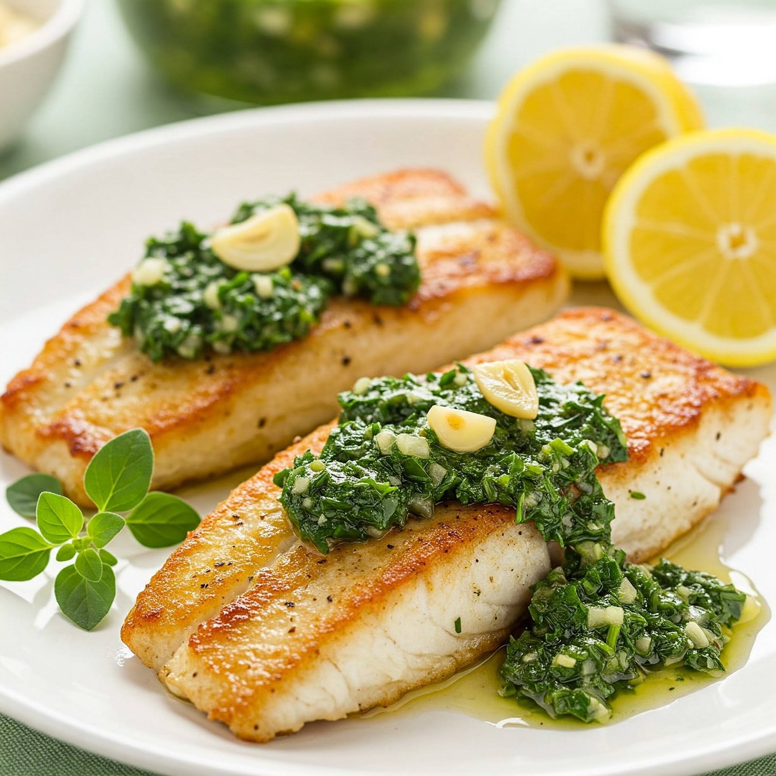 Pan-Seared Fish with Olive Chimichurri: A Flavorful & Easy Recipe You’ll Love A beautifully plated dish of pan-seared fish fillets topped with vibrant green olive chimichurri, garnished with lemon wedges and fresh herbs.