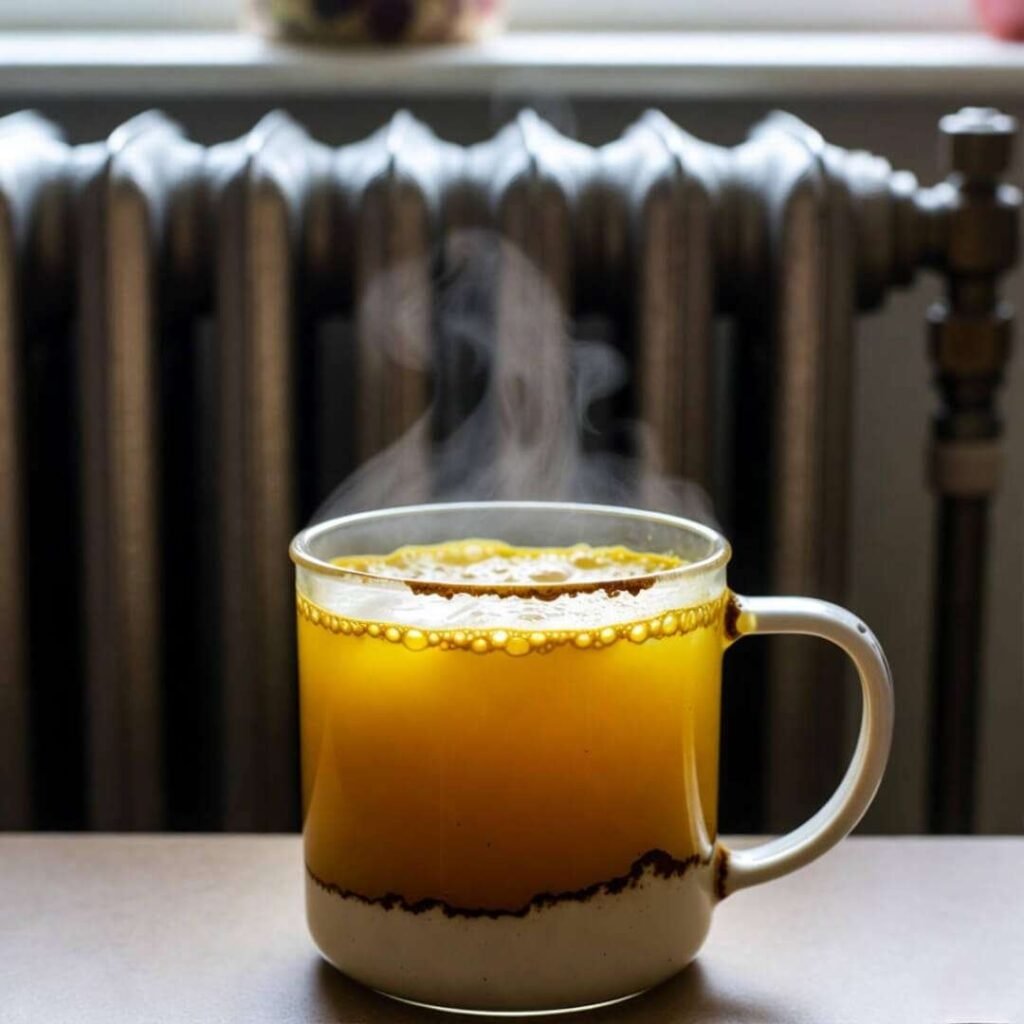 Steaming turmeric drink on clanking radiator