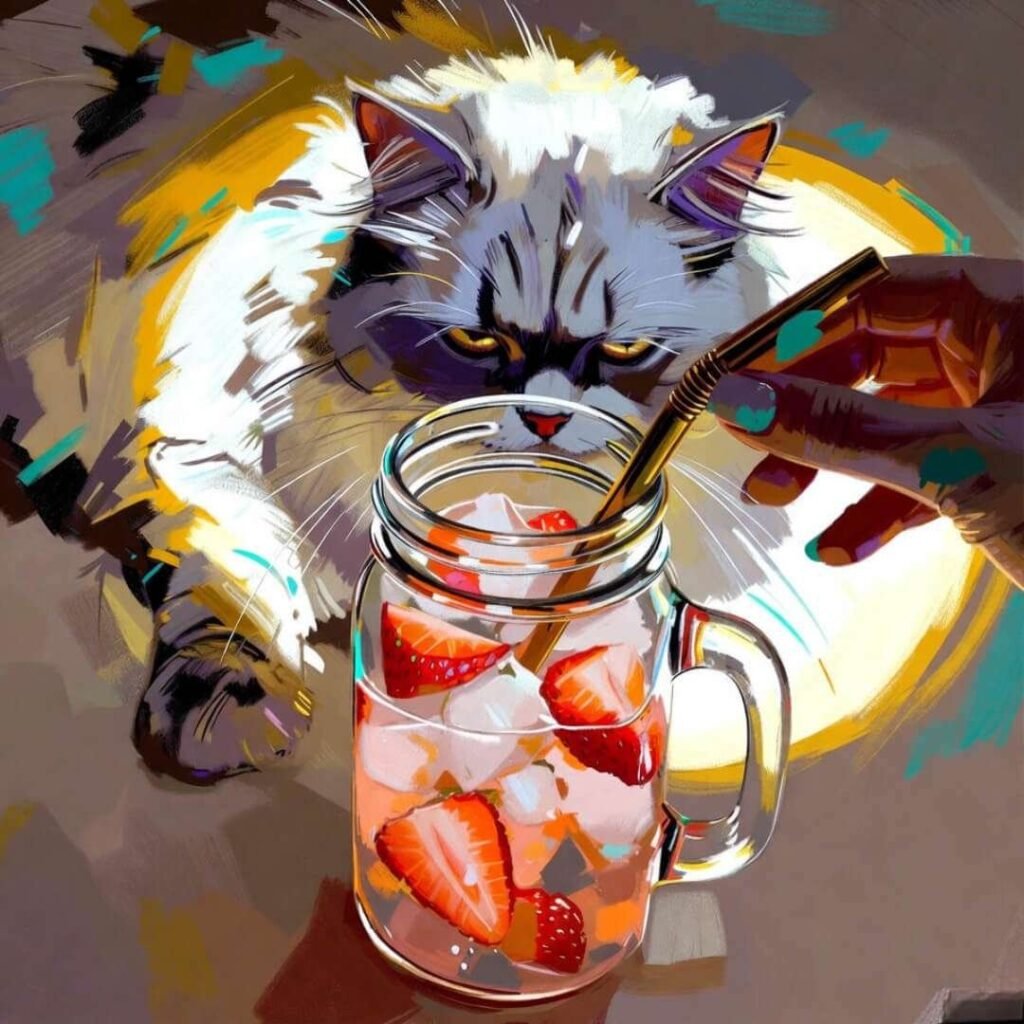 Strawberry mocktail, judgmental cat photobombing, ring light glare.