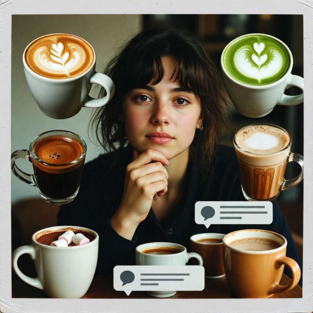 Person surrounded by global hot drinks, comment box ready