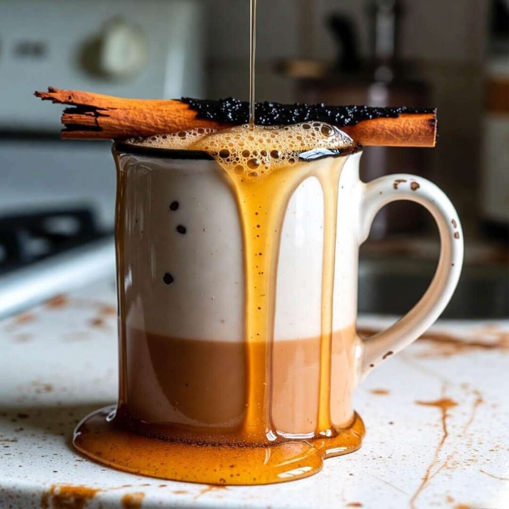 Messy mug drowning in honey with burnt cinnamon stick