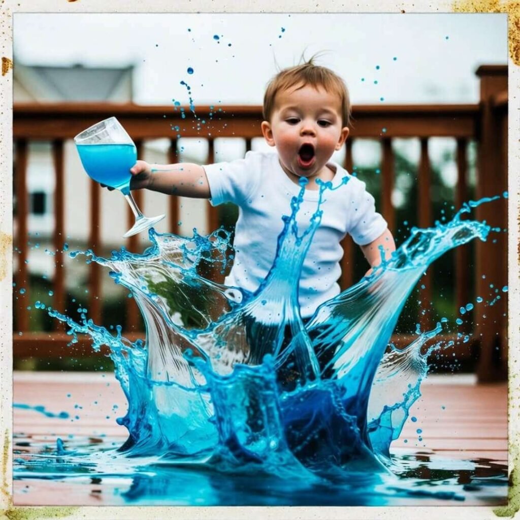 Toddler yeeting blue mocktail, total smurf crime scene