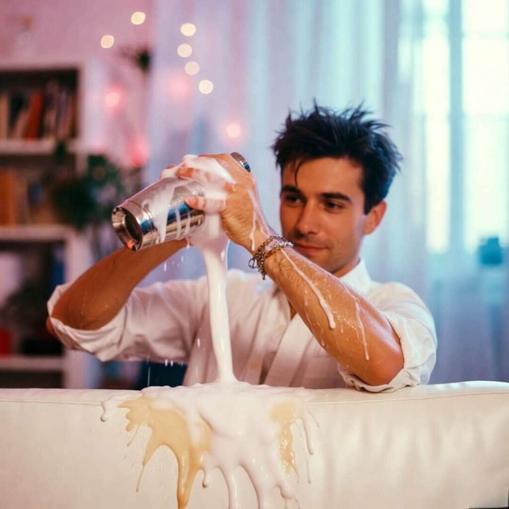 Mocktail foam exploding everywhere onto white couch